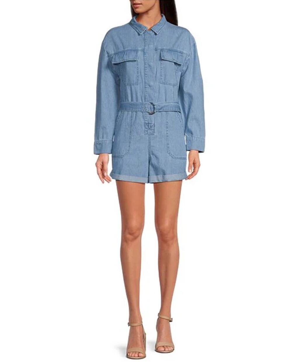 Gianni Bini Charlie Denim Button Down Long Sleeve Jean Romper Womens Size 2